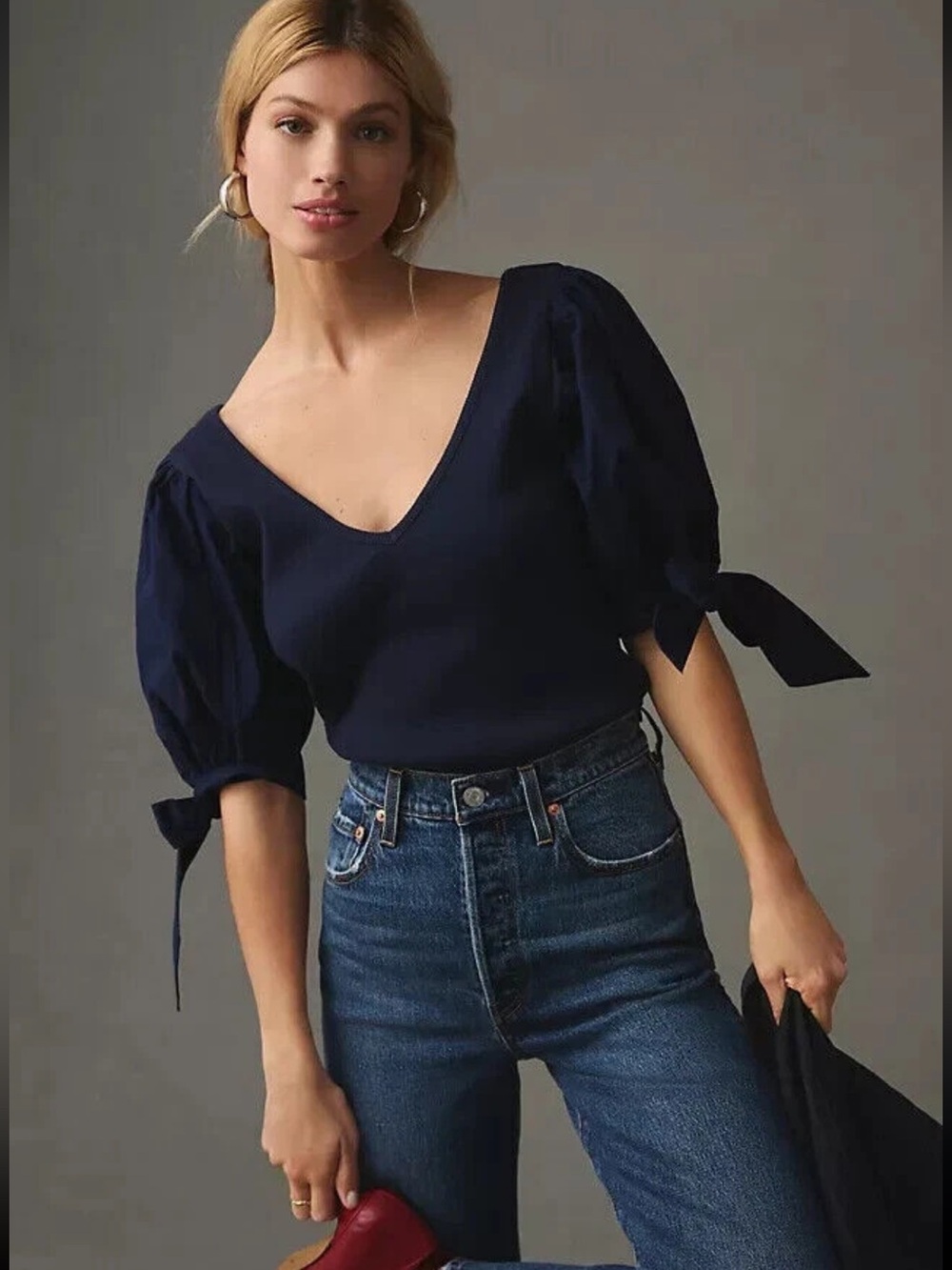 Anthropologie Navy V-Neck Puff Sleeve Top with Tie Cuffs